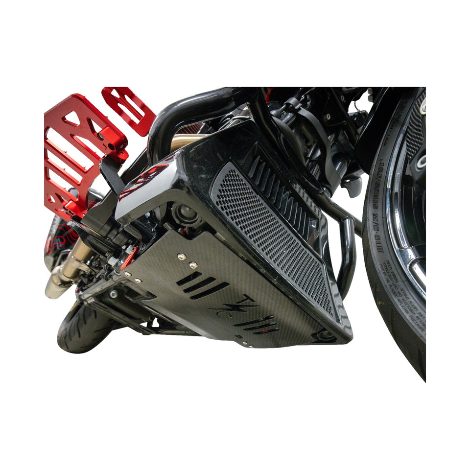 THRASHIN SUPPLY CO. - SKID PLATE - CARBON FIBER/GLOSS - WITH RED BRACKETS - FLHX/FLTRX