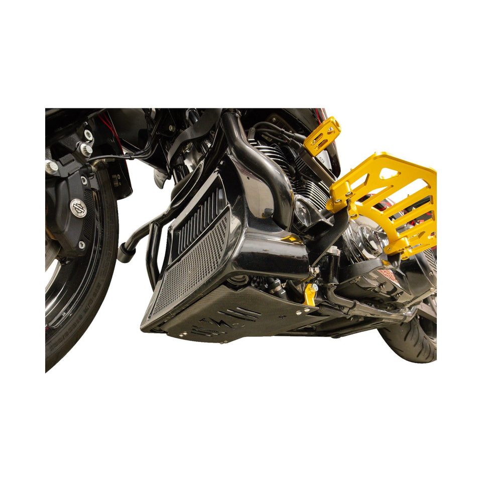 THRASHIN SUPPLY CO. - SKID PLATE - CARBON FIBER/GLOSS - WITH GOLD BRACKETS - FLHX/FLTRX
