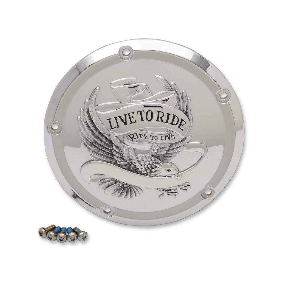 DRAG SPECIALTIES - DERBY COVER - LIVE TO RIDE - 5-HOLE - CHROME - '15-'26 HARLEY-DAVIDSON