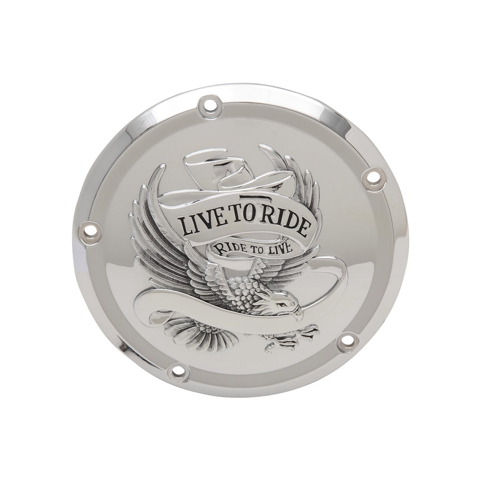 DRAG SPECIALTIES - DERBY COVER - LIVE TO RIDE - 5-HOLE - CHROME - '15-'26 HARLEY-DAVIDSON