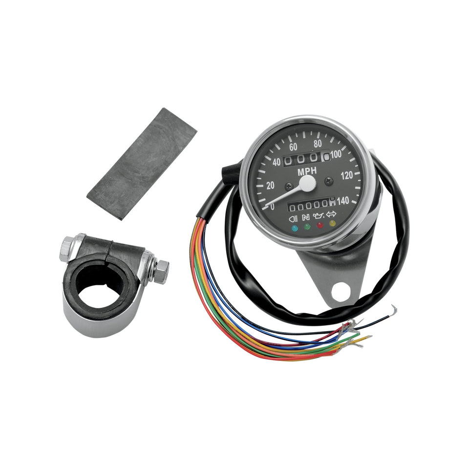 DRAG SPECIALTIES - MPH MINI MECHANICAL SPEEDOMETER WITH LED INDICATORS - BLACK FACE - 2:1 RATIO - 2.4"