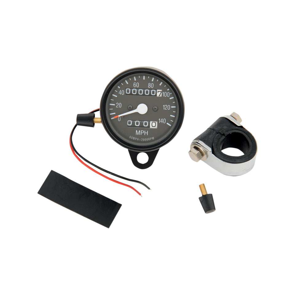 DRAG SPECIALTIES - 2.4" MPH MINI LED MECHANICAL SPEEDOMETER/INDICATORS/TRIP - BLACK HOUSING - BLACK FACE - 2:1