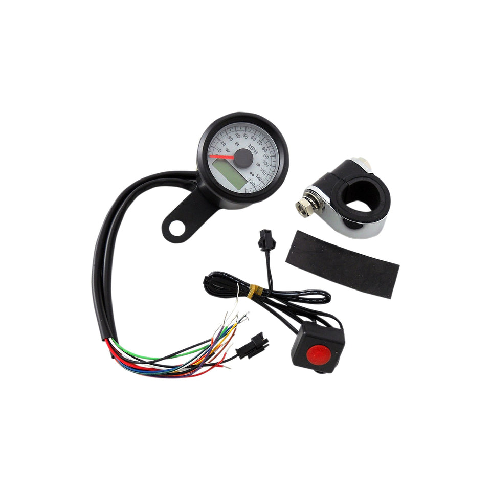 DRAG SPECIALTIES - PROGRAMMABLE SPEEDOMETER WITH INDICATOR LIGHTS - GLOSS BLACK - 140 MPH LED WHITE FACE - 1-7/8"