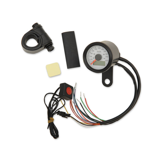DRAG SPECIALTIES - MINI PROGRAMMABLE SPEEDOMETER WITH INDICATOR LIGHTS - GLOSS BLACK - KPH - WHITE FACE