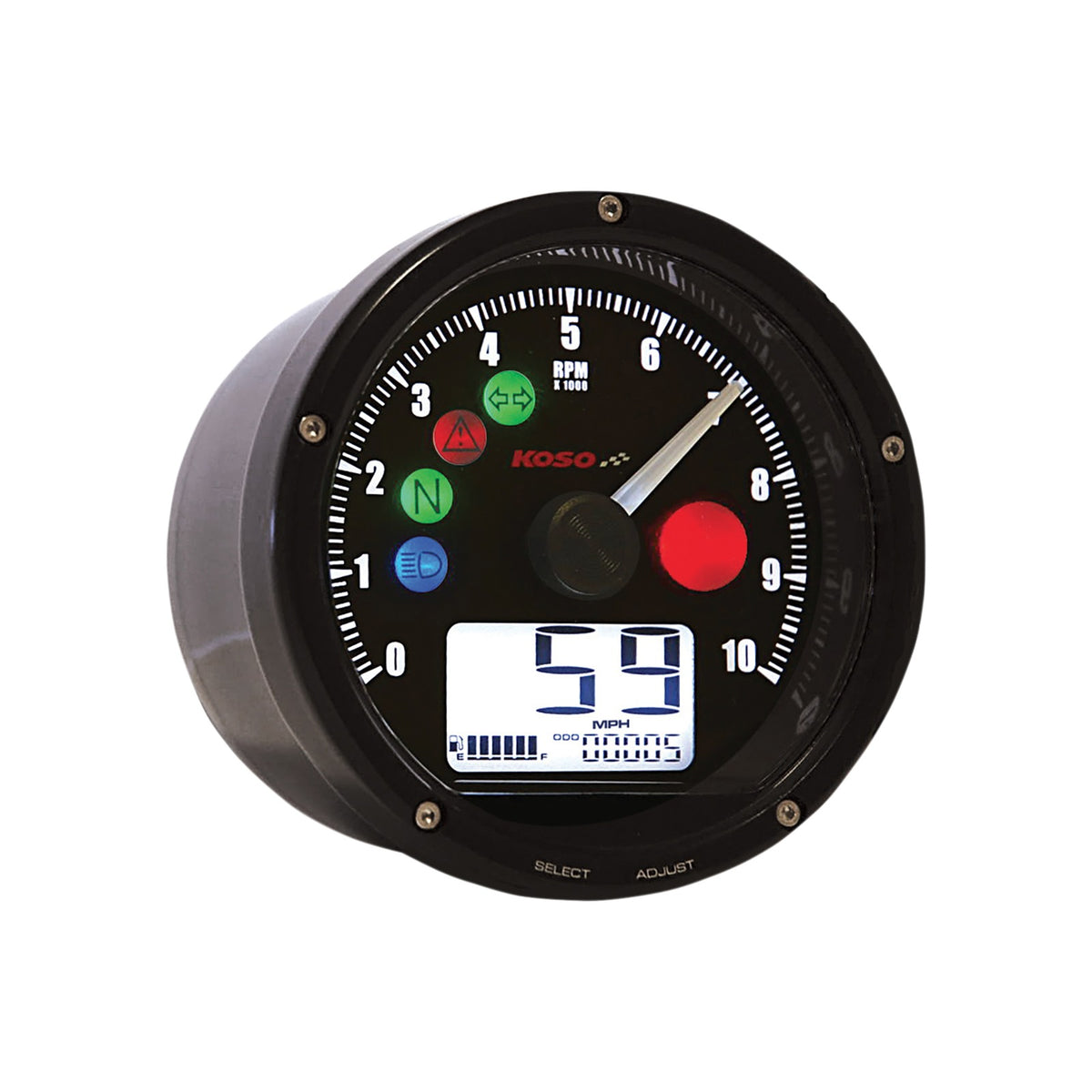 KOSO NORTH AMERICA - TNT-01 ELECTRONIC SPEEDOMETER/TACHOMETER - BLACK FACE - BLACK HOUSING - 3" DIAMETER X 1.75" D