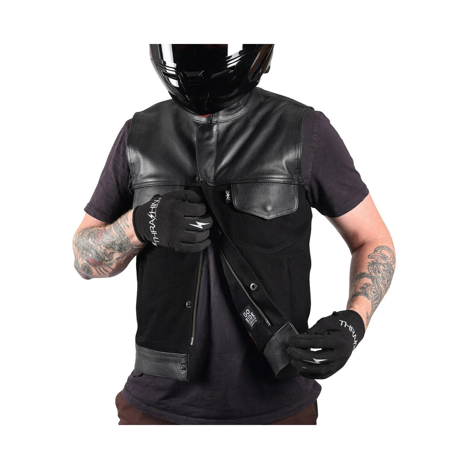 THRASHIN SUPPLY CO. - KANAN LEATHER/DENIM RIDING VEST - BLACK