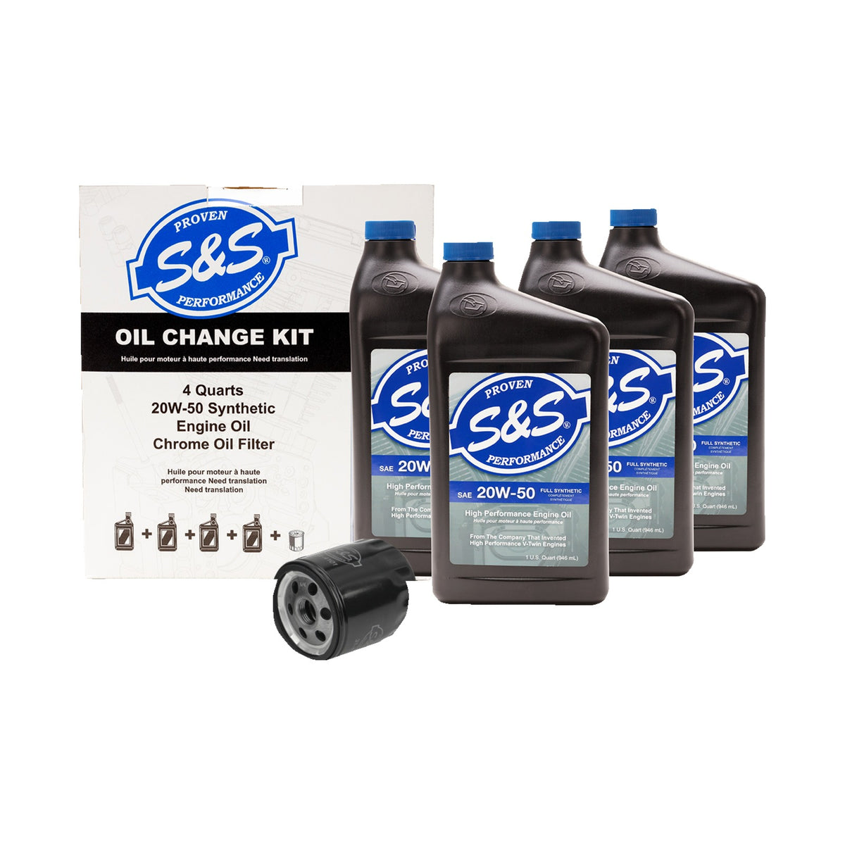 S&S CYCLE - OIL CHANGE KIT - CHROME FILTER - '84-'99 BIG TWIN/'86-'22 SPORTSTER - 4 US QUARTS