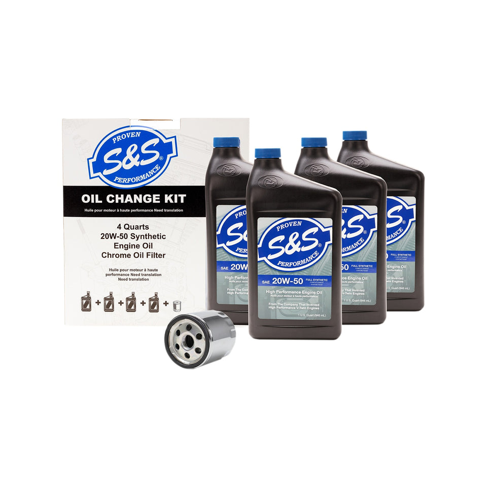 S&S CYCLE - OIL CHANGE KIT - CHROME FILTER - '84-'99 BIG TWIN/'86-'22 SPORTSTER - 4 US QUARTS