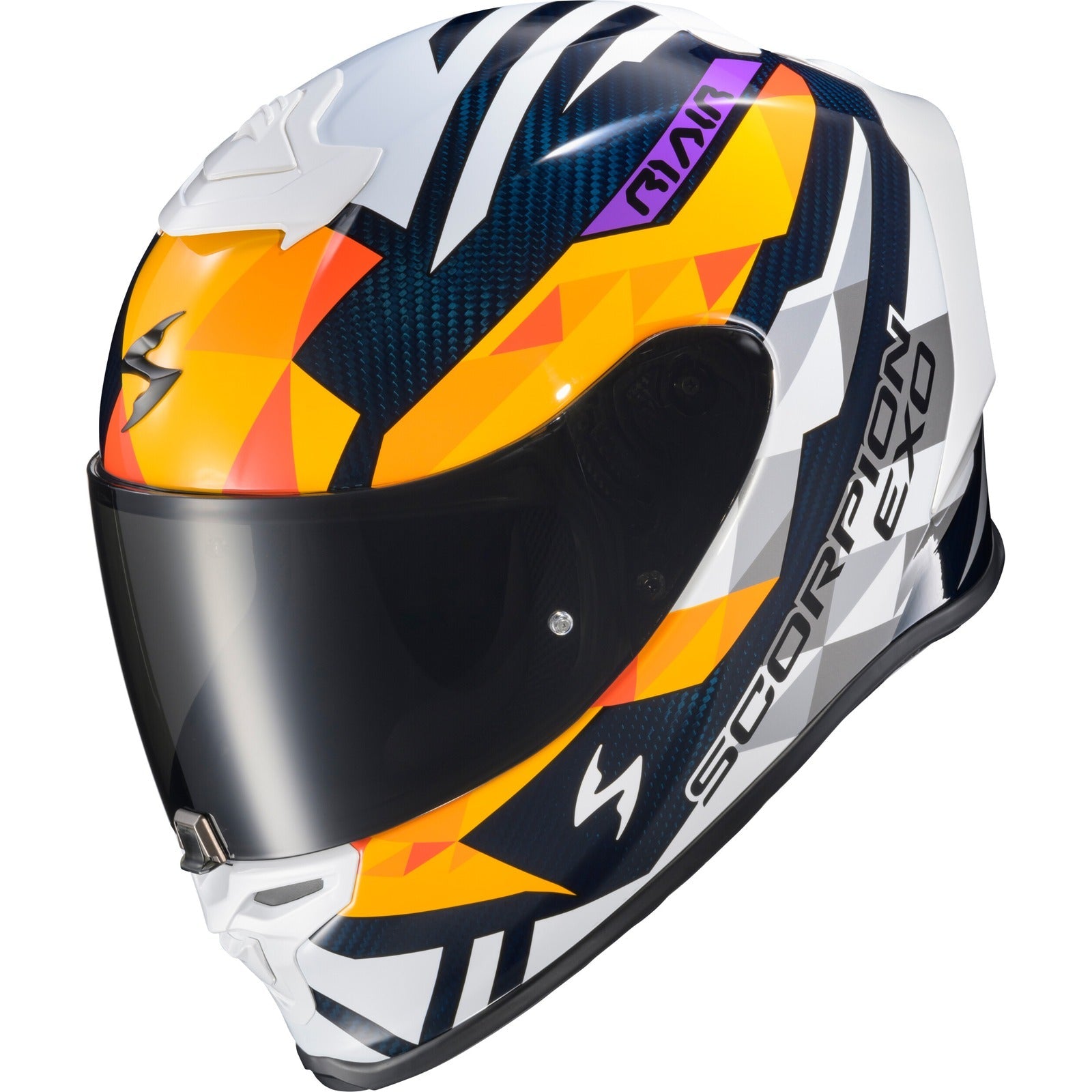 SCORPION EXO - EXO-R1 AIR FULL FACE HELMET CARBON RASTOR OR/WHT/BLUE SM
