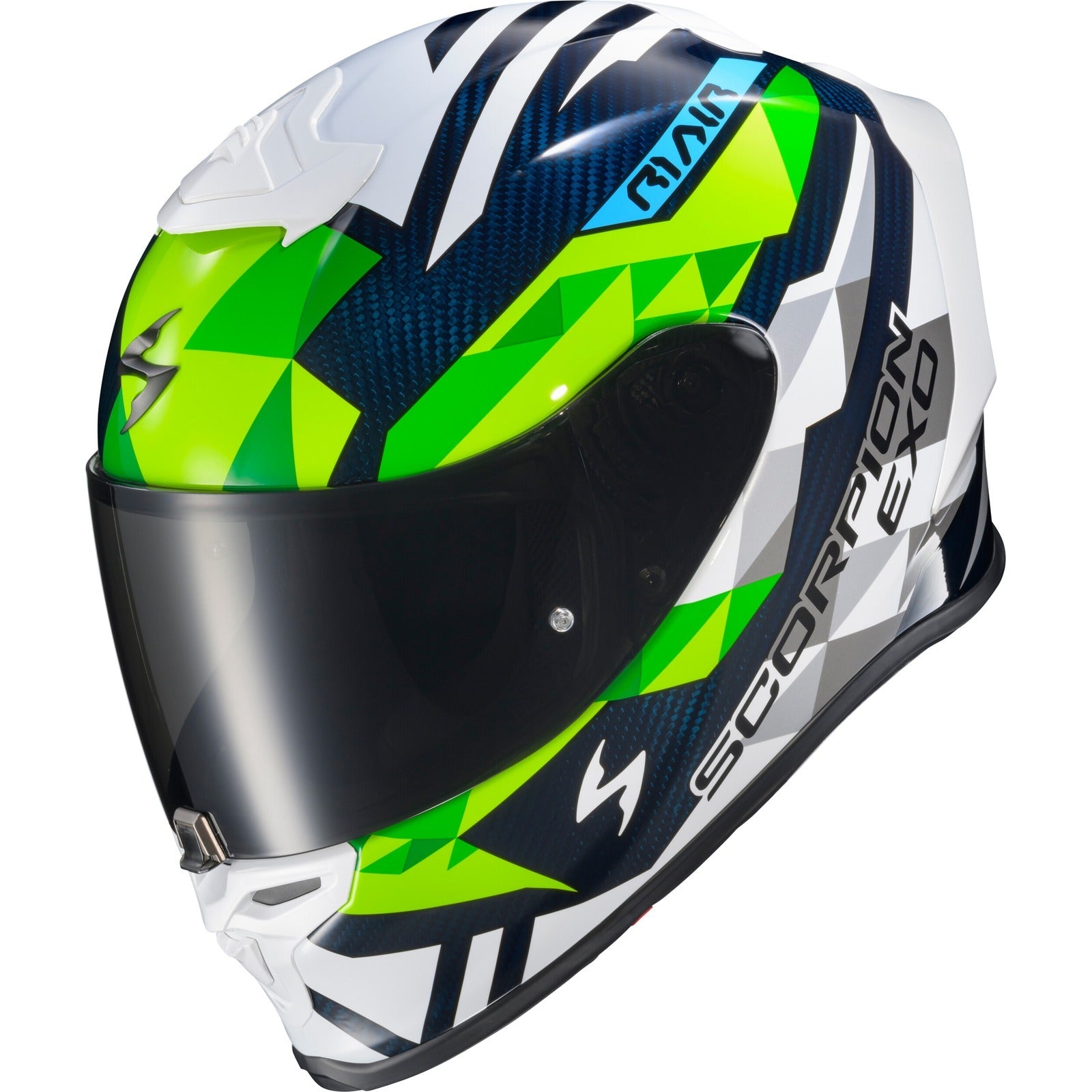 SCORPION EXO - EXO-R1 AIR FULL FACE HELMET CARBON RASTOR WHT/GRN/BLUE SM