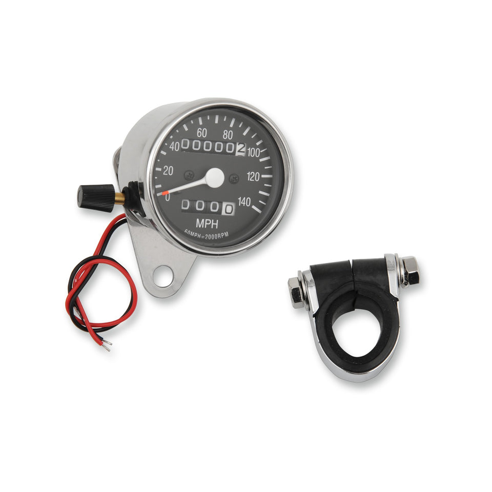 DRAG SPECIALTIES - 2.4" MPH MINI LED MECHANICAL SPEEDOMETER/INDICATORS/TRIP - CHROME HOUSING - BLACK FACE - 2:1