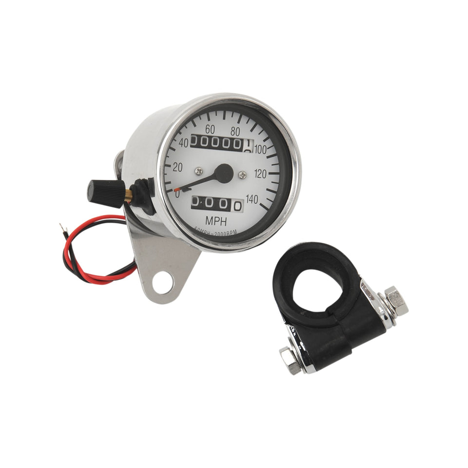 DRAG SPECIALTIES - 2.4" MPH MINI LED MECHANICAL SPEEDOMETER/INDICATORS/TRIP - CHROME HOUSING - WHITE FACE - 2:1