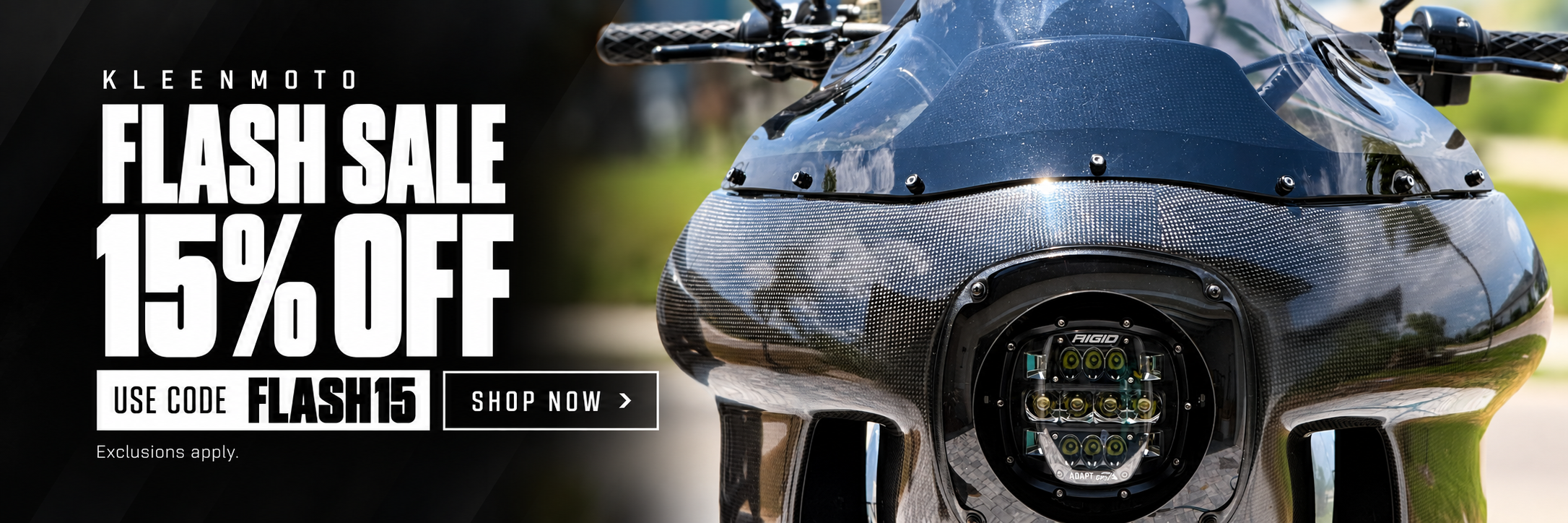 Flash sale. 15% off. Use code FLASH15. Exclusions apply. Shop now.
